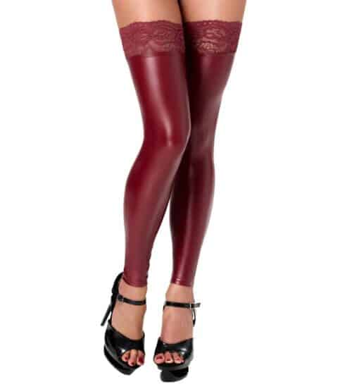 Wetlook hold-up kousen in bordeaux kleur